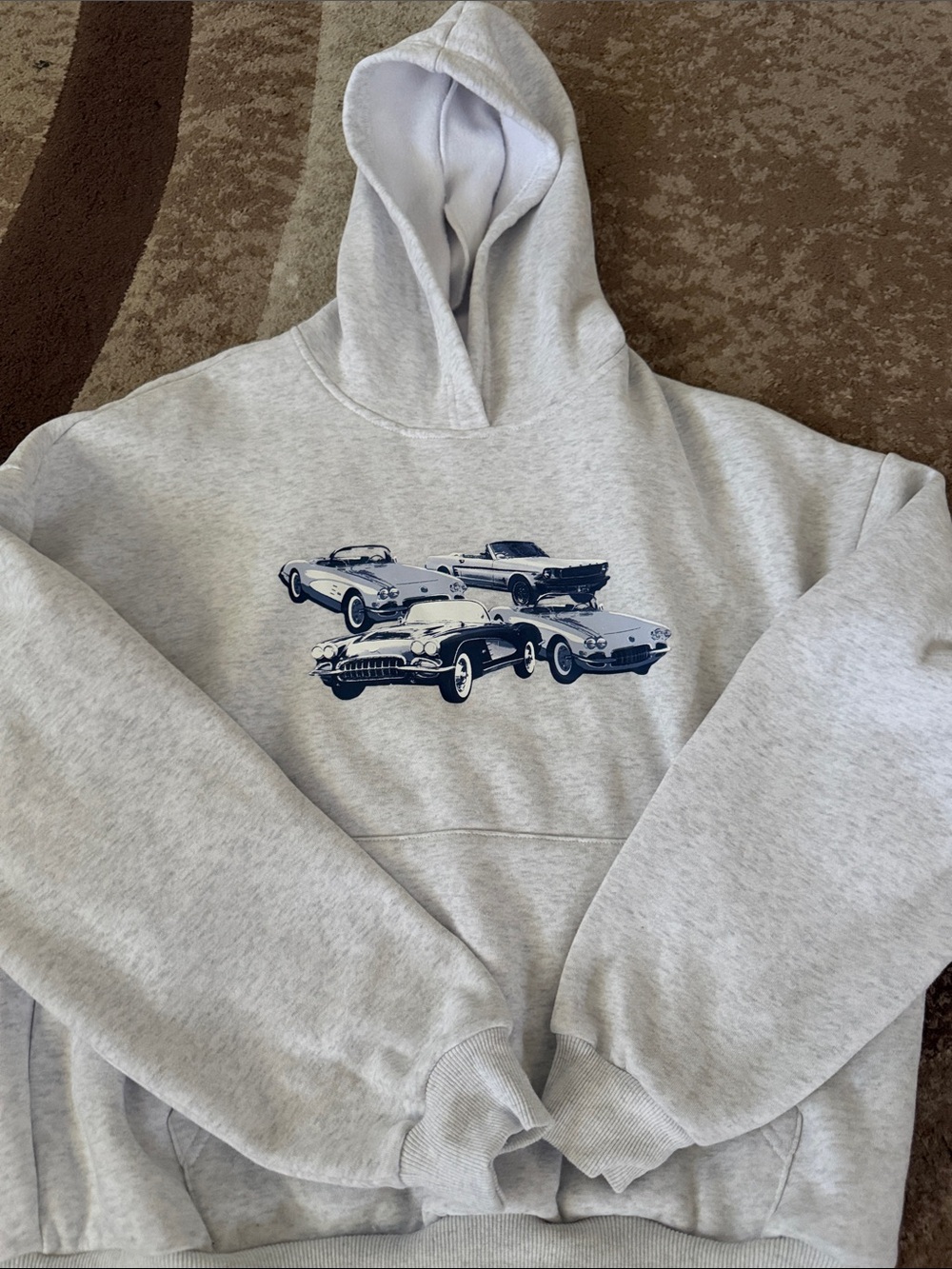 Edikted Light Gray Hoodie with Navy Vintage Car Graphic